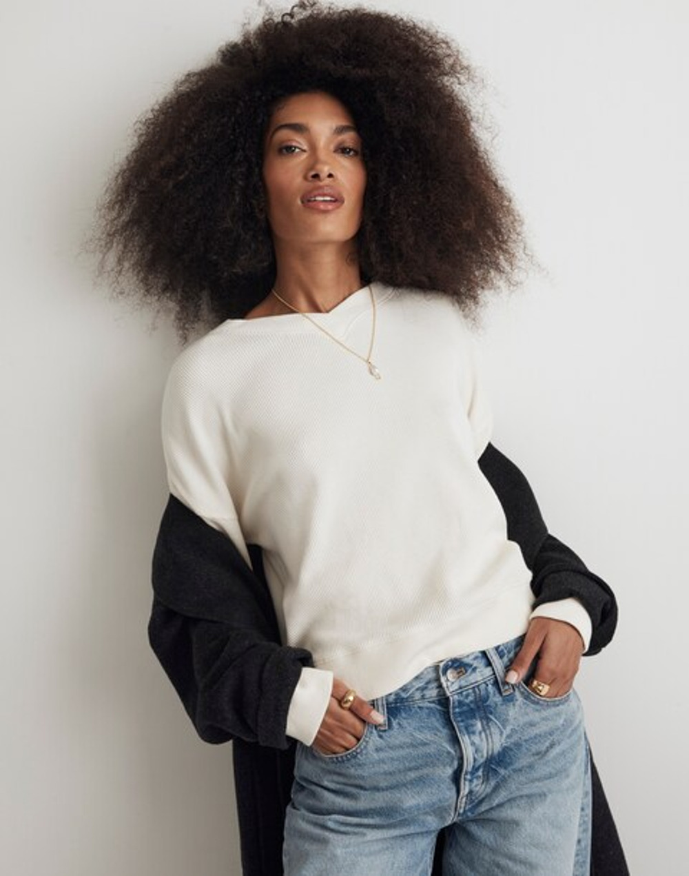 Madewell Waffle Cotton Knit Boxy Sweatshirt Tee antique cream M NWT